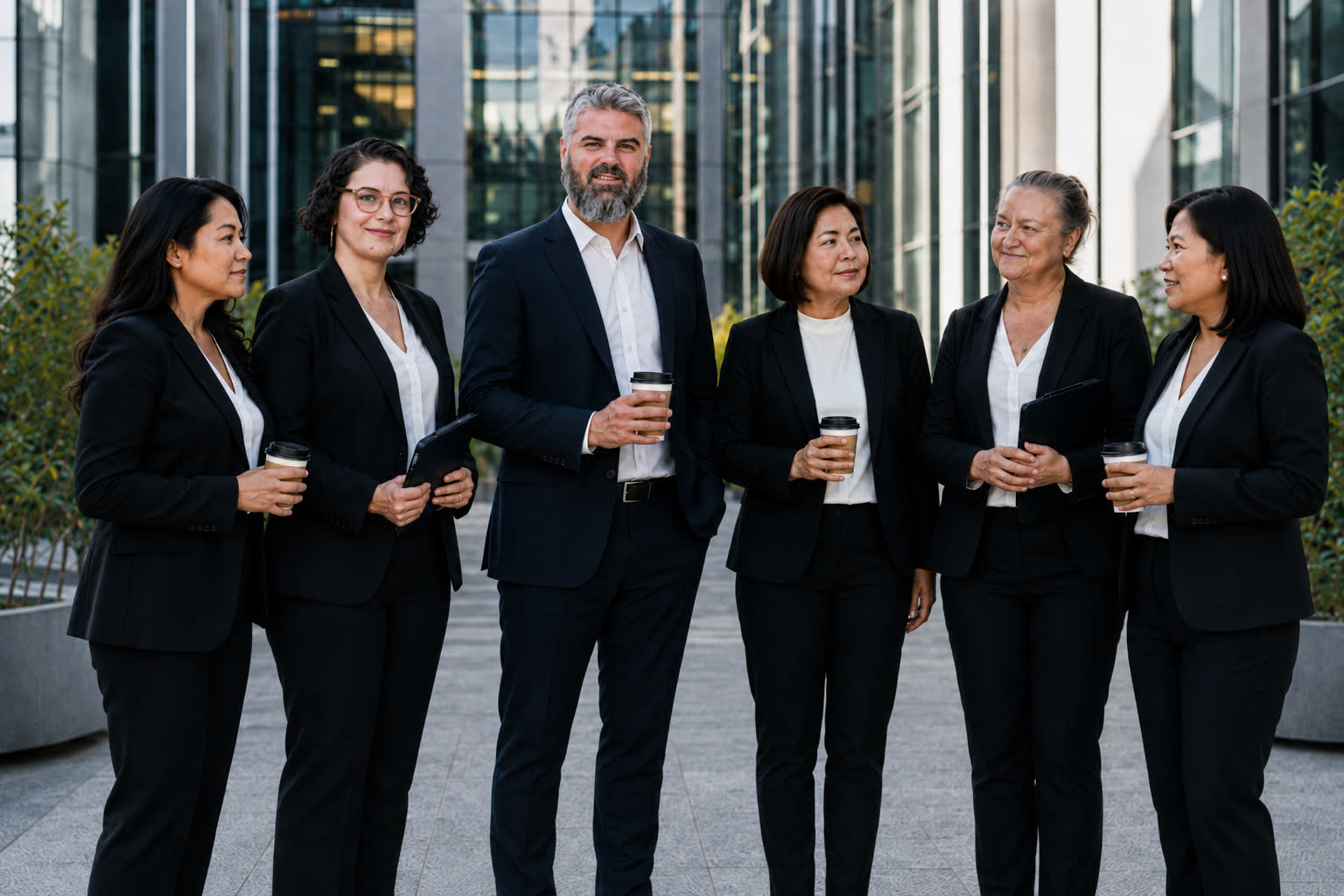 Professional advisers standing together outside a business building