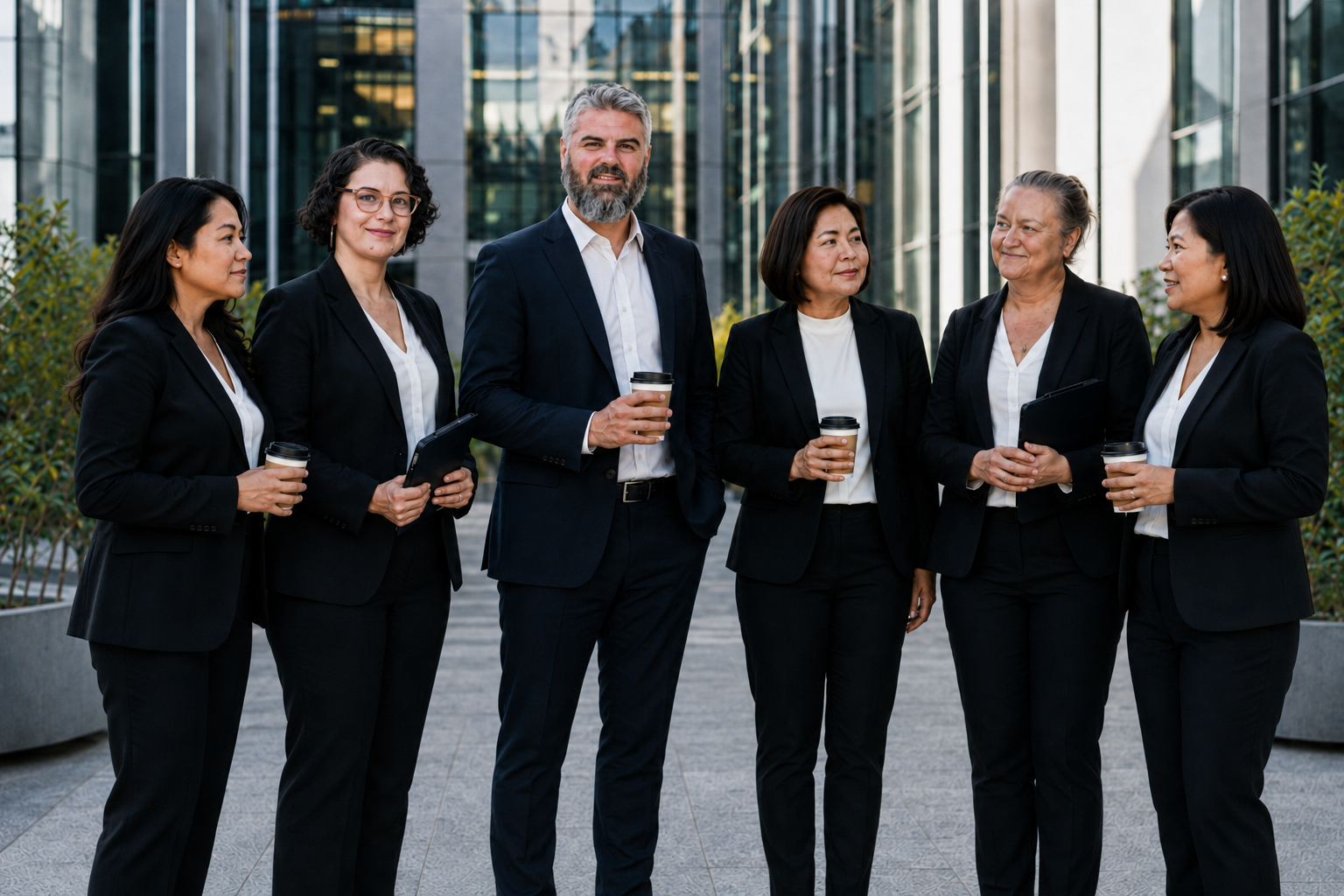 Professional advisers standing together outside a business building