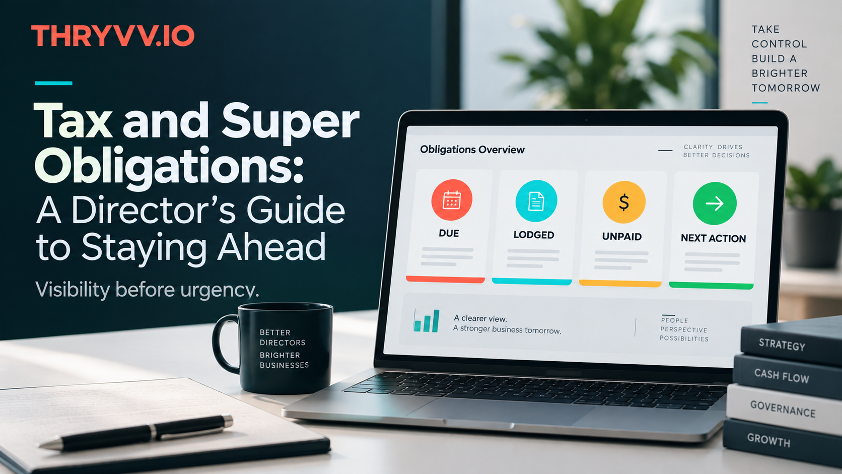 Tax and super obligations management dashboard showing due, lodged, unpaid and next action checkpoints for Australian directors.