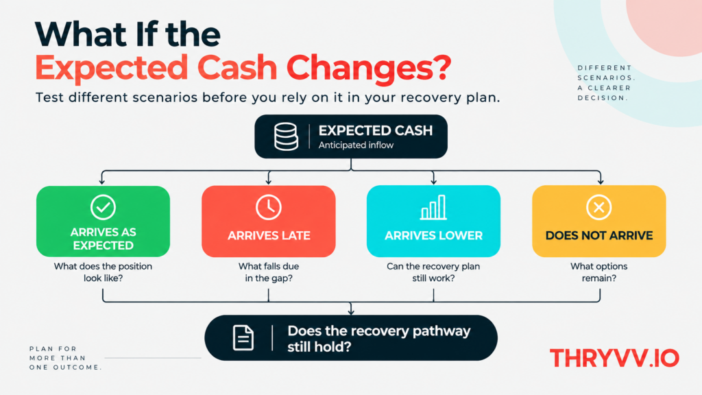 Four expected-cash scenarios used to test whether a business recovery pathway still works if the anticipated receipt changes.