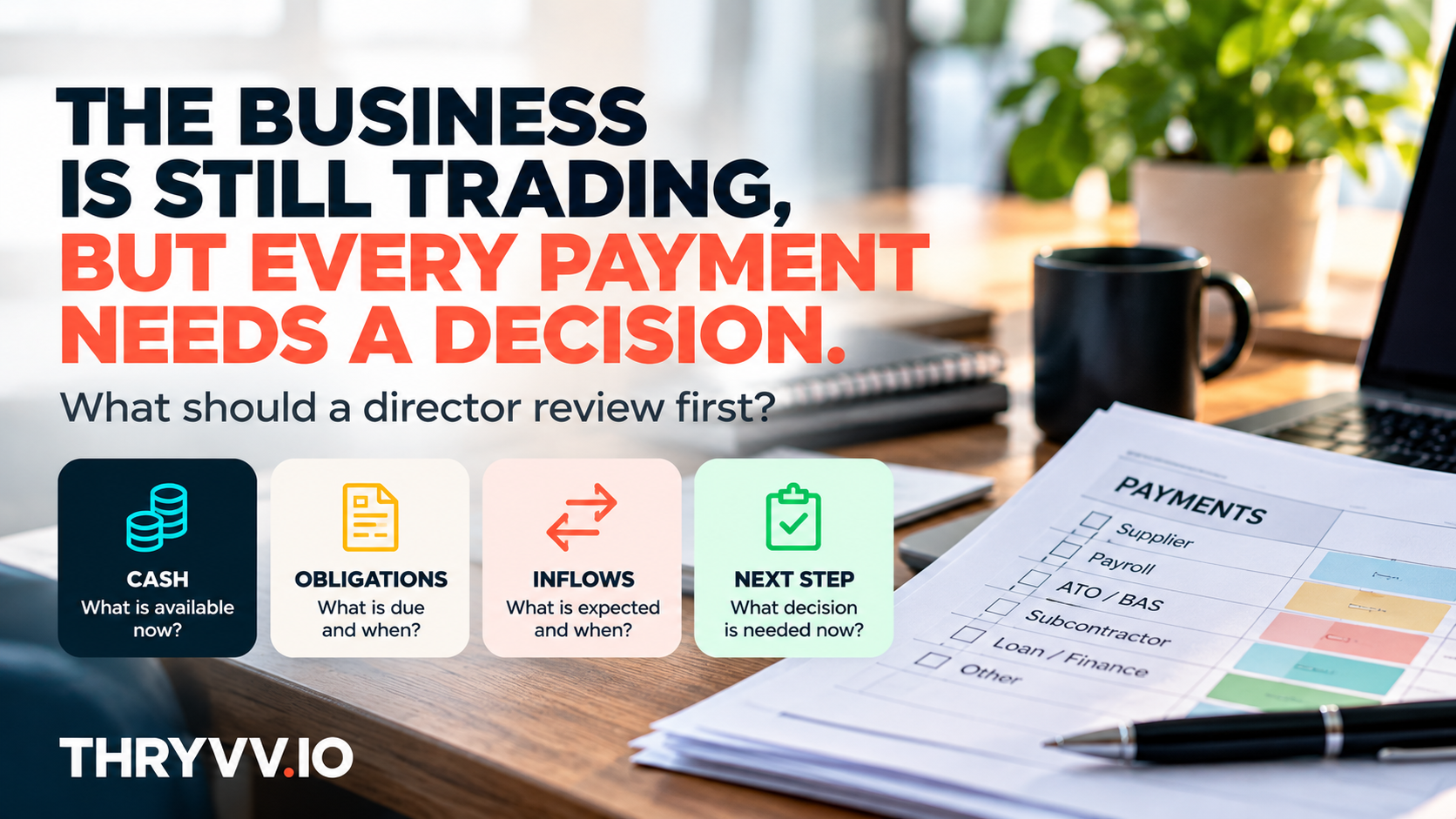 Illustrative business director and colleague review a short payment schedule while the business continues operating.
