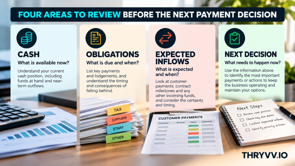 Generic weekly cash schedule with expected receipts and payment due dates marked for review.