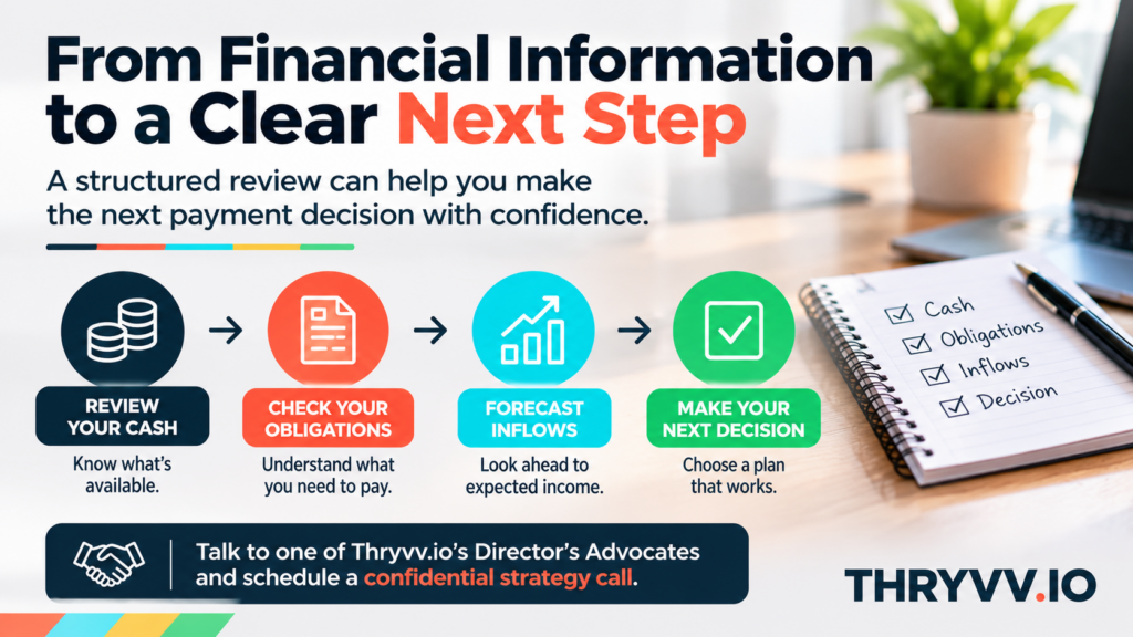 Four-part review of cash available, expected receipts, obligations due and unresolved questions.
