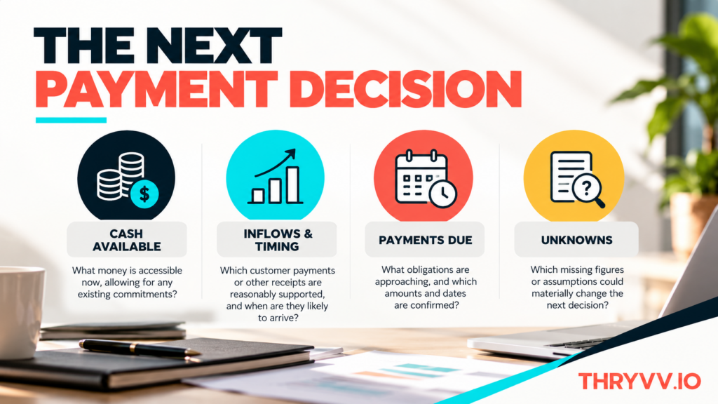 Four-part director review showing cash available, expected inflows, payments due and unknowns.