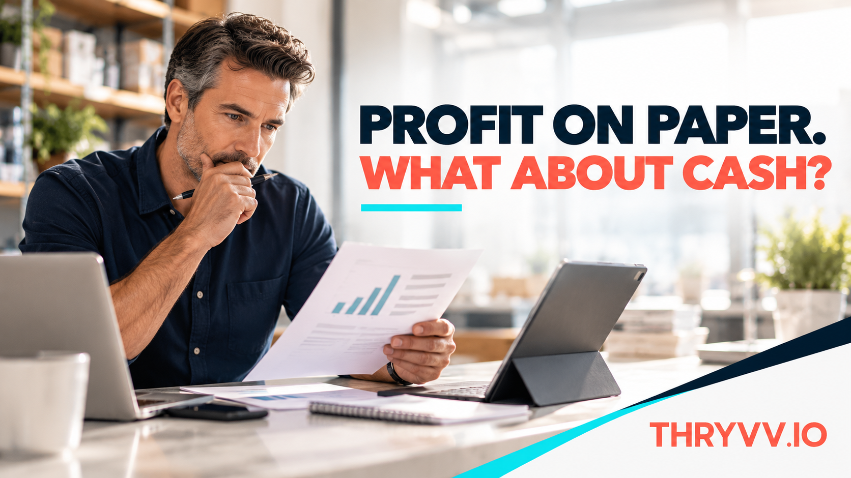 Business director compares a profit summary and upcoming payments in a bright office; illustrative scene.