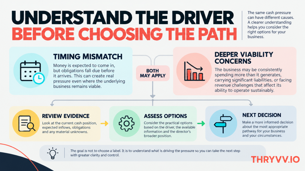 Business recovery decision pathway comparing possible timing mismatches and deeper viability concerns before assessing options.